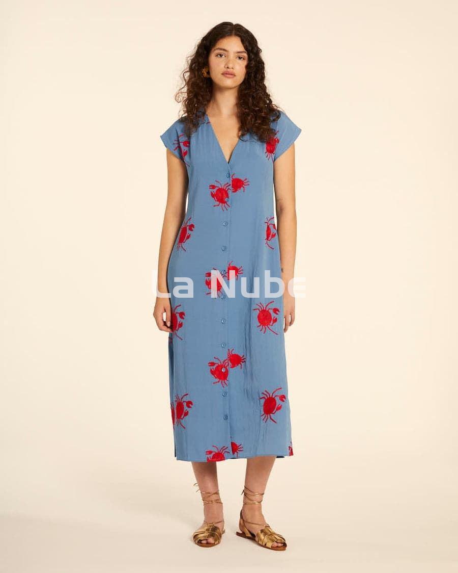 Vestido abotonado con bordados de cangrejo azul - Imagen 2